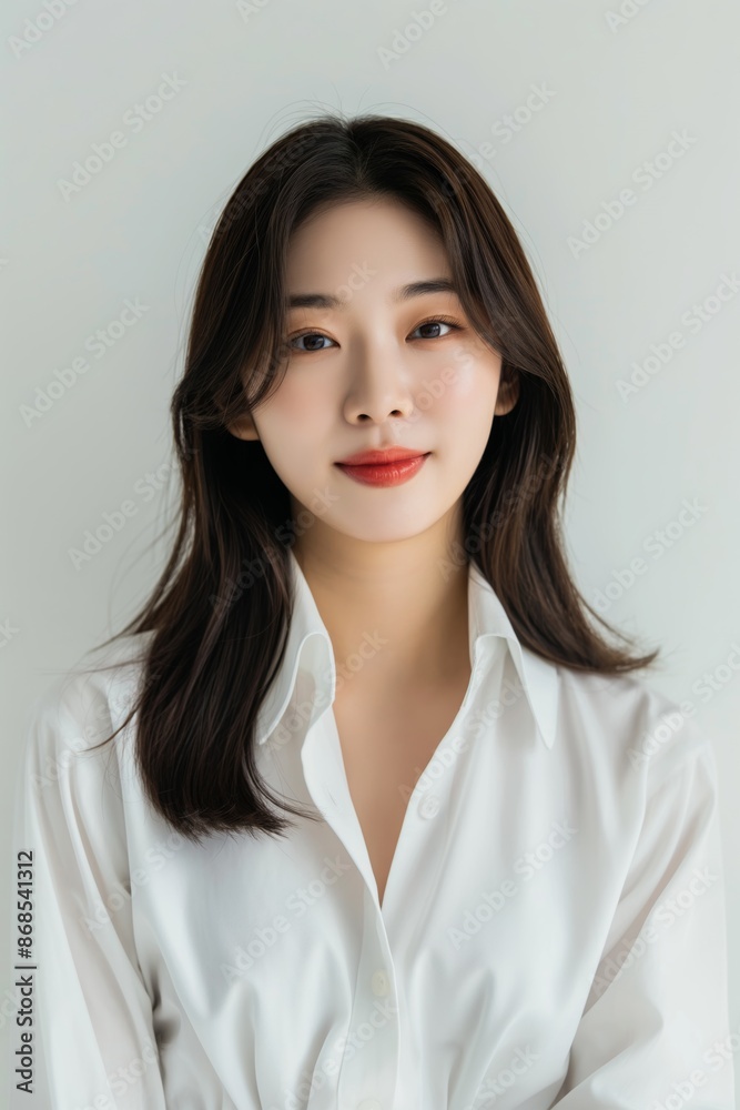 id photo of a beautiful korean woman in hermid-20s in formal white shirt id photo of a beautiful korean woman in hermid-20s in formal white shirt