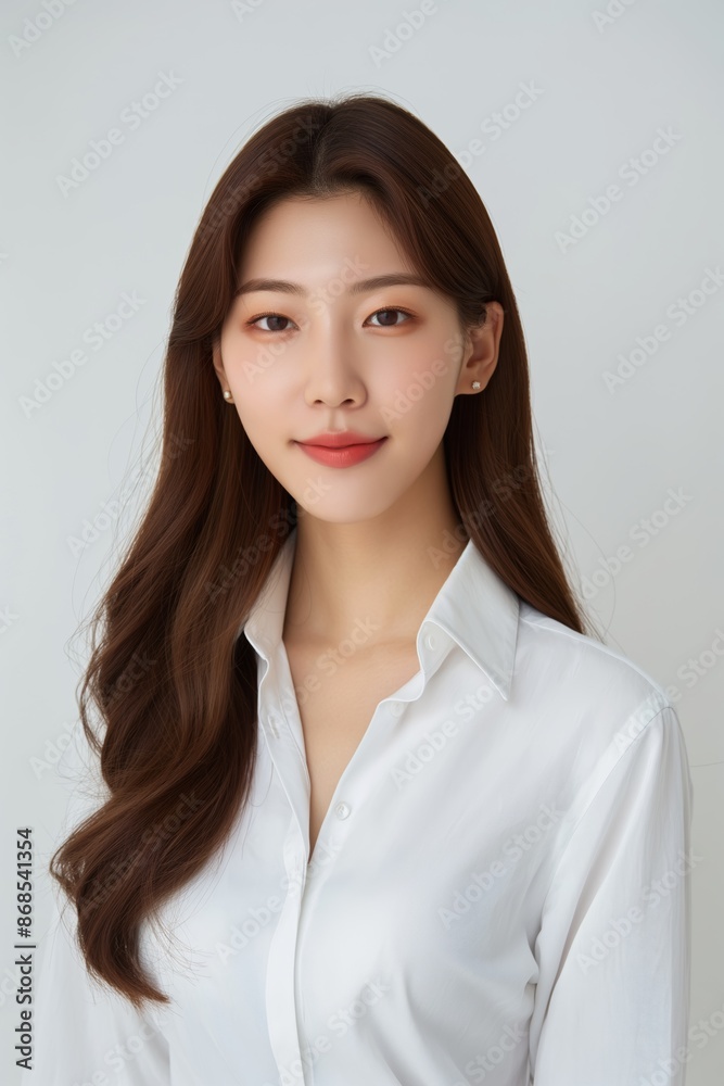id photo of a beautiful korean woman in hermid-20s in formal white shirt id photo of a beautiful korean woman in hermid-20s in formal white shirt