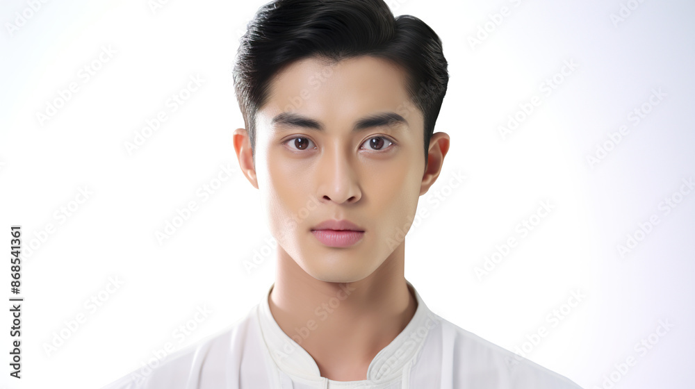 Thai youth alone against a stark white background Thai youth alone against a stark white background
