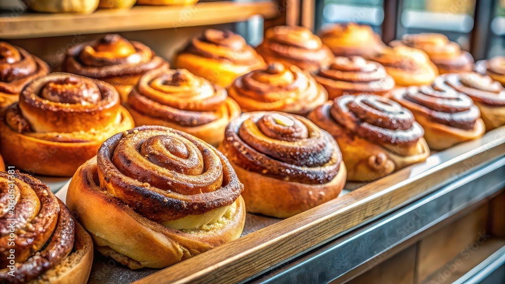 Freshly baked cinnamon rolls on display in bakery window, cinnamon rolls, bakery, fresh, sweet, dessert Freshly baked cinnamon rolls on display in bakery window, cinnamon rolls, bakery, fresh, sweet, dessert