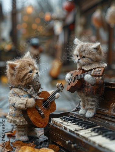 couple of cute kitten is playing guitar street view photo