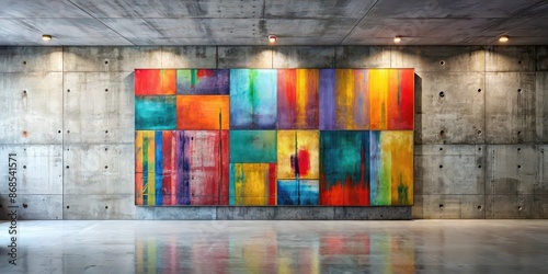 Concrete wall with abstract artwork in bold colors, adding a modern touch, art, painting, mural, abstract, modern