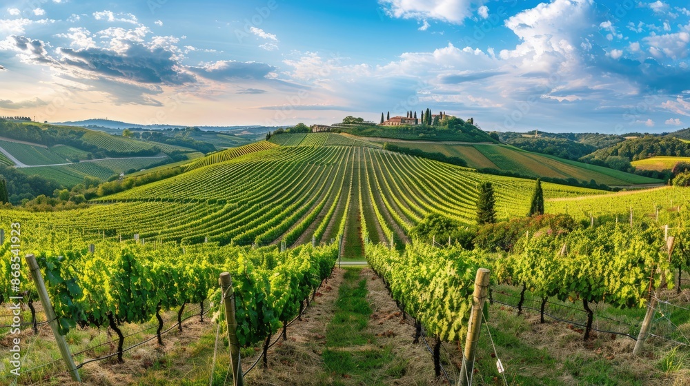 A panoramic view of a vineyard with rows of grapevines stretching to the horizon A panoramic view of a vineyard with rows of grapevines stretching to the horizon