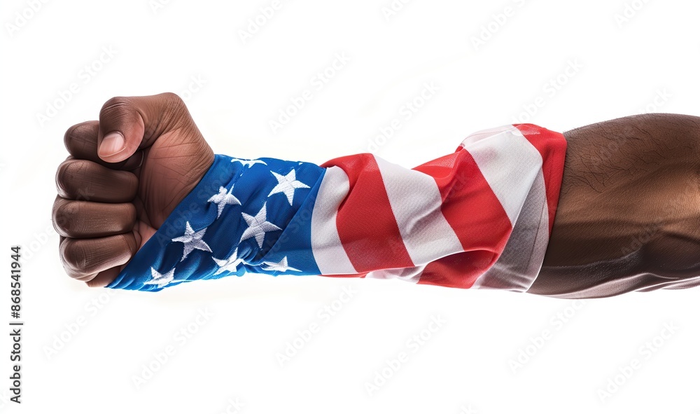 Fototapeta premium A close-up of a fist holding an American flag, symbolizing strength and patriotism. Ideal for themes of freedom, national pride, and American values. Copy space.