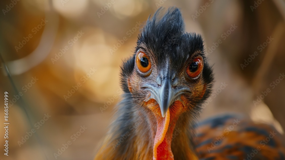 A bird with an orange beak and black feathers is staring at the camera. The bird's eyes are open wide, and it is curious or alert A bird with an orange beak and black feathers is staring at the camera. The bird's eyes are open wide, and it is curious or alert