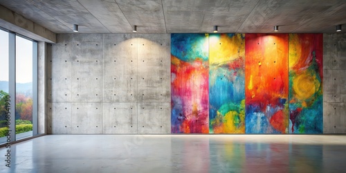 Concrete wall with abstract artwork in bold colors, adding a modern touch, art, painting, mural, abstract, modern