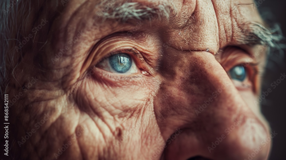 A man with a blue eye and a white nose. The man has a serious look on his face A man with a blue eye and a white nose. The man has a serious look on his face