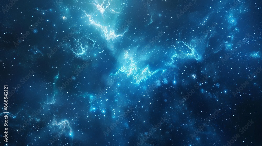 Fototapeta premium Blue Nebula Starry Sky Galaxy Background with Realistic Nebula and Shining Stars - Technology Sci-Fi Background, Cosmic Universe Illustration