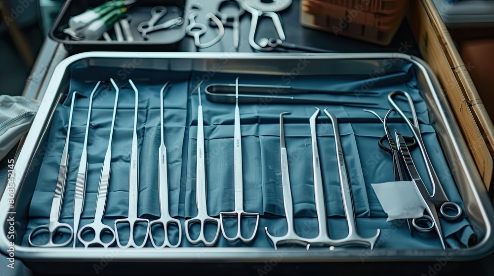 A sterile medical tray with scalpels, forceps, and other surgical instruments A sterile medical tray with scalpels, forceps, and other surgical instruments