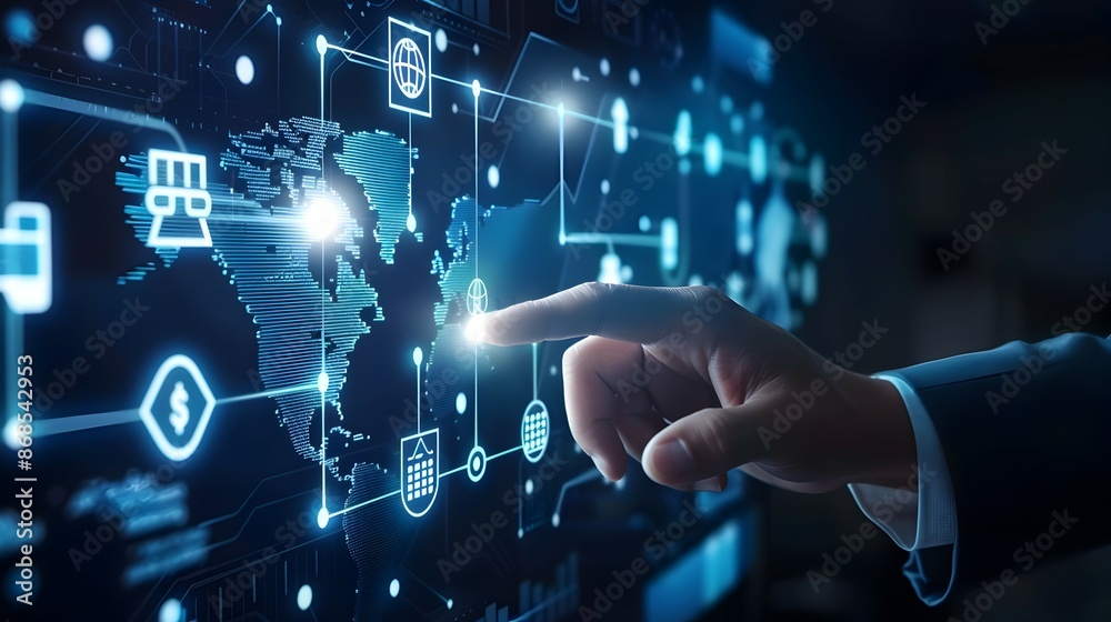 Man touching the digital payments icon and global technological networking Man touching the digital payments icon and global technological networking