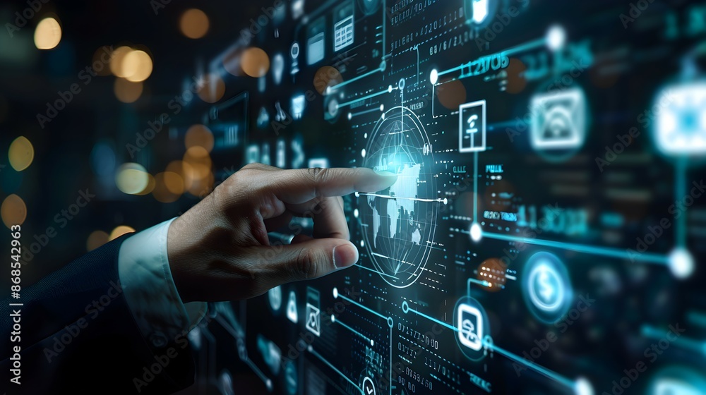 Man touching the digital payments icon and global technological networking Man touching the digital payments icon and global technological networking