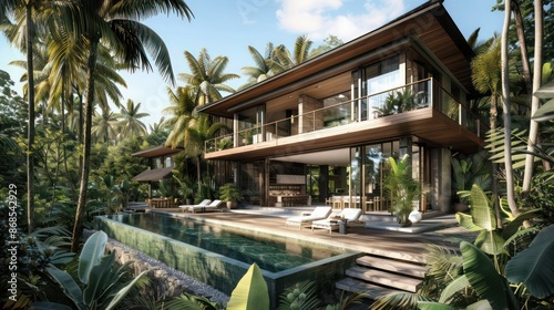 luxury resort villa with exterior cladding of tropical hardwood, blending seamlessly with the lush surroundings