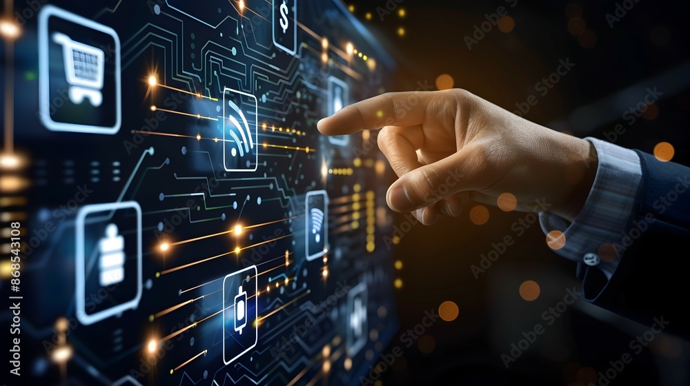 Man touching the digital payments icon and global technological networking Man touching the digital payments icon and global technological networking