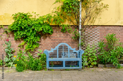 Fototapeta Naklejka Na Ścianę i Meble -  Rotterdam, The Netherlands, June 19, 2024: green plants growing in a small garden strip between pavement and facade, surrounding a small bench