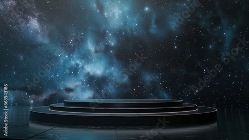 The design of the podium is based on the theme of a galactic night sky, filled with cosmic energy and befitting of a display product: Generative AI.宇宙的なエネルギーを湛えた、ディスプレイ製品にふさわしい銀河の夜空をテーマにした表彰台のデザインです。 photo
