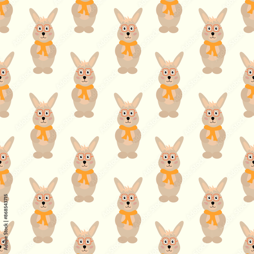 Seamless pattern of cute cartoon Rabbit with scarf and glasses. Cozy autumn background. Vector flat illustration. Seamless pattern of cute cartoon Rabbit with scarf and glasses. Cozy autumn background. Vector flat illustration.