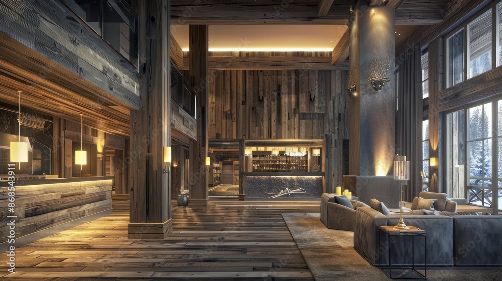 luxury ski resort with wooden cladding and a cozy, welcoming lobby luxury ski resort with wooden cladding and a cozy, welcoming lobby