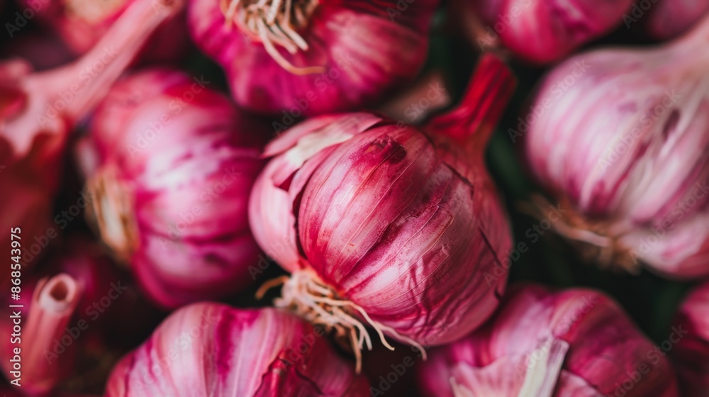 A close-up of a red garlic bulb with its papery skin and intact cloves ...