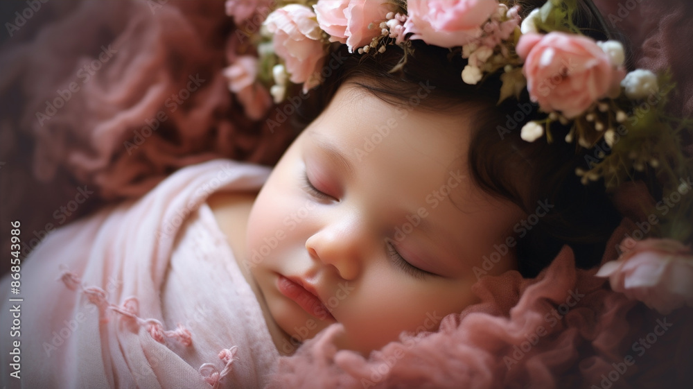 Portrait of a Sleeping Cute Newborn Baby Girl with Pink Flower Crown Portrait of a Sleeping Cute Newborn Baby Girl with Pink Flower Crown