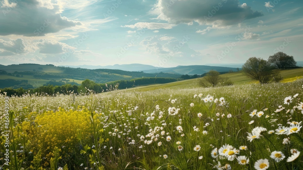 A picturesque countryside with fields of wildflowers and distant hills A picturesque countryside with fields of wildflowers and distant hills