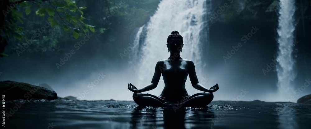 Buddhism concept picture Mindfulness under waterfall each yoga Buddhism concept picture Mindfulness under waterfall each yoga