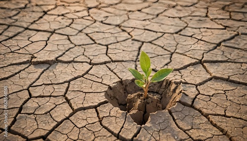 Concetto di cambiamento climatico e desertificazione, riscaldamento globale, resilienza di giovane piantina che cresce in un suolo secco ed arido photo