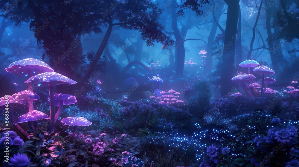 bioluminescent forest at twilight glowing mushrooms and ethereal plants ...