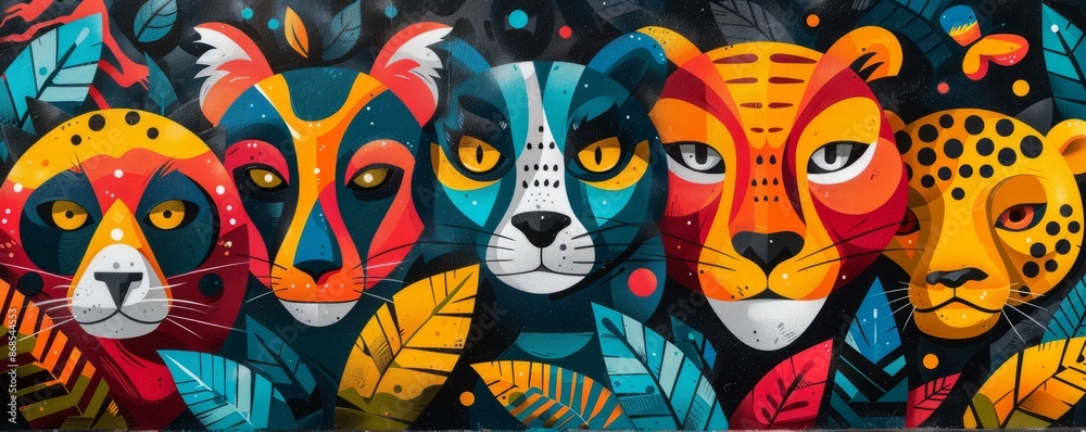 Bright, stylized animal faces with thick outlines Bright, stylized animal faces with thick outlines