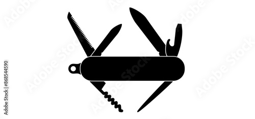 Cartoon jackknife multitool, tools. Pen knife icon. Clasp knife sign. Corkscrew or bottle screw, knifes, saw, screwdriver and bottle opener. survival, travel, picnic, camping tool. Pocketknife blade. 