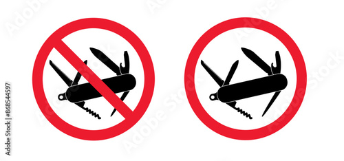 No jackknife multitool, tools. Do not pen knife icon. Forbidden clasp knife sign. Danger warning sign. Stop survival, travel, picnic, camping tool. Pocketknife blade. caution, no ban icon.