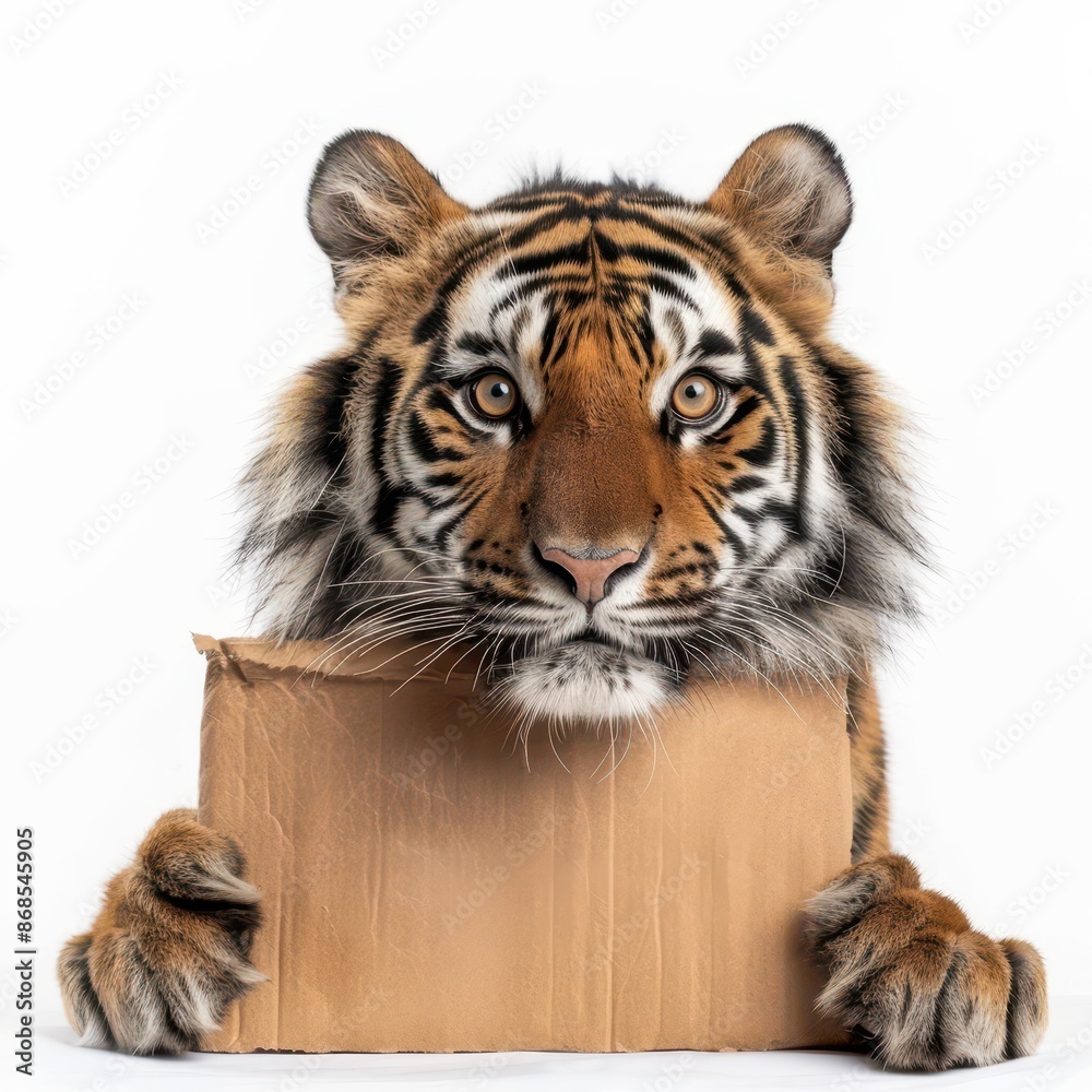 Fototapeta premium A cute tiger and paws holds a cardboard in its paws against a isolated on white background, looking directly at the camera with an attentive expression
