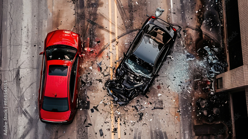 Aerial view of a car crash scene on a city street with two damaged ...