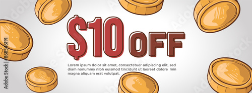 $10 off editable web banner template.flying coin money. clean modern banner concept vector illustration.