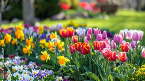 Wallpaper Mural A close-up of colorful flower beds with blooming tulips and daffodils, adding beauty and fragrance to a public park landscape. Torontodigital.ca