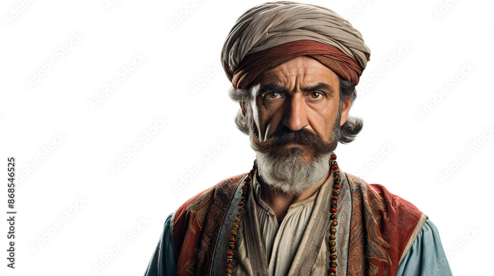 An elderly Turkish man alone against a stark white background