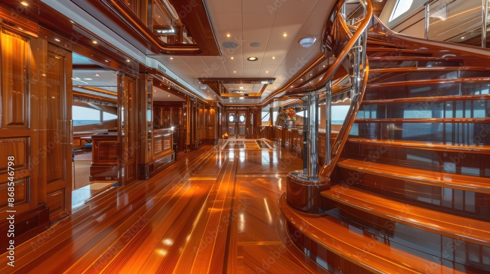 luxury yacht interior with floors and walls of varnished marine-grade wood, combining elegance with durability luxury yacht interior with floors and walls of varnished marine-grade wood, combining elegance with durability