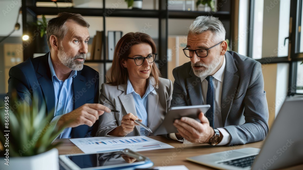 Financial planner presenting retirement options to a middle-aged couple in a well-lit office, couple taking notes, professional and friendly interaction, advisor using a tablet Financial planner presenting retirement options to a middle-aged couple in a well-lit office, couple taking notes, professional and friendly interaction, advisor using a tablet
