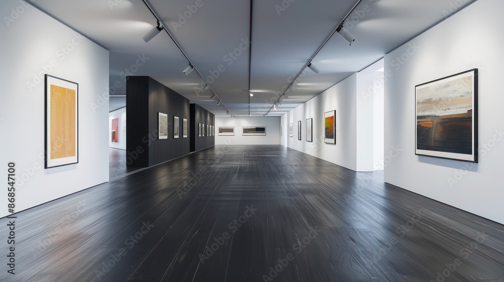 minimalist art gallery with floors and walls clad in stark, black-stained oak, focusing all attention on the artwork minimalist art gallery with floors and walls clad in stark, black-stained oak, focusing all attention on the artwork