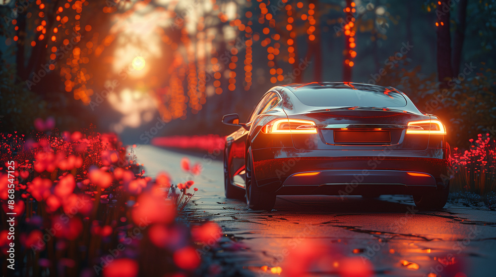 A sedan decorated with flowers on a road in a flower field in the woods at sunset A sedan decorated with flowers on a road in a flower field in the woods at sunset