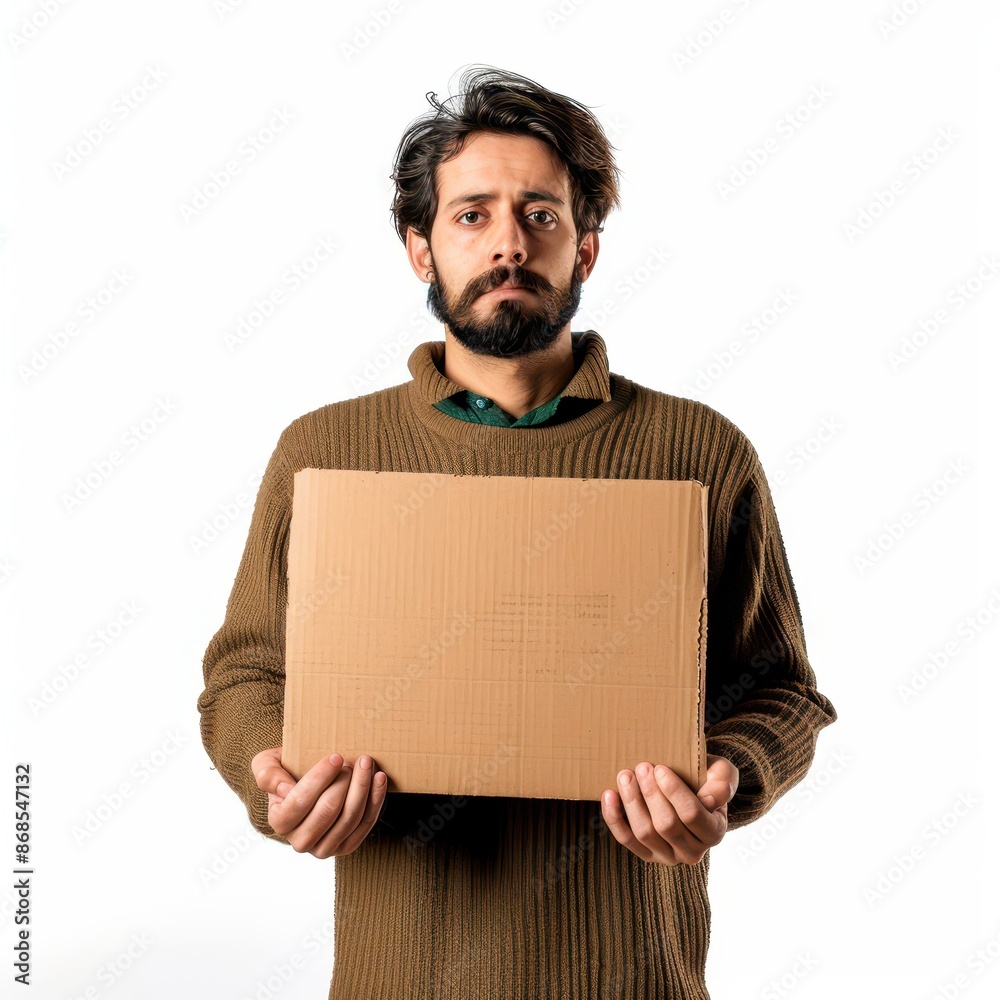immigrant and hand holds a cardboard, standing isolated on white background, looking directly at the camera with an attentive expression immigrant and hand holds a cardboard, standing isolated on white background, looking directly at the camera with an attentive expression
