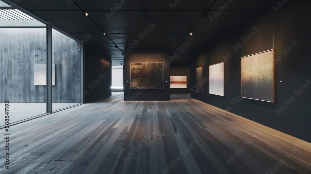 Obraz premium minimalist art gallery with floors and walls clad in stark, black-stained oak, focusing all attention on the artwork
