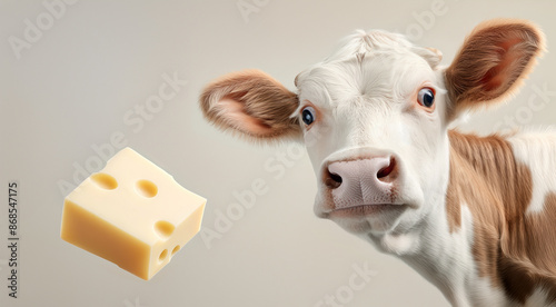 A close-up of a cow with a piece of cheese floating nearby, set against a neutral background.