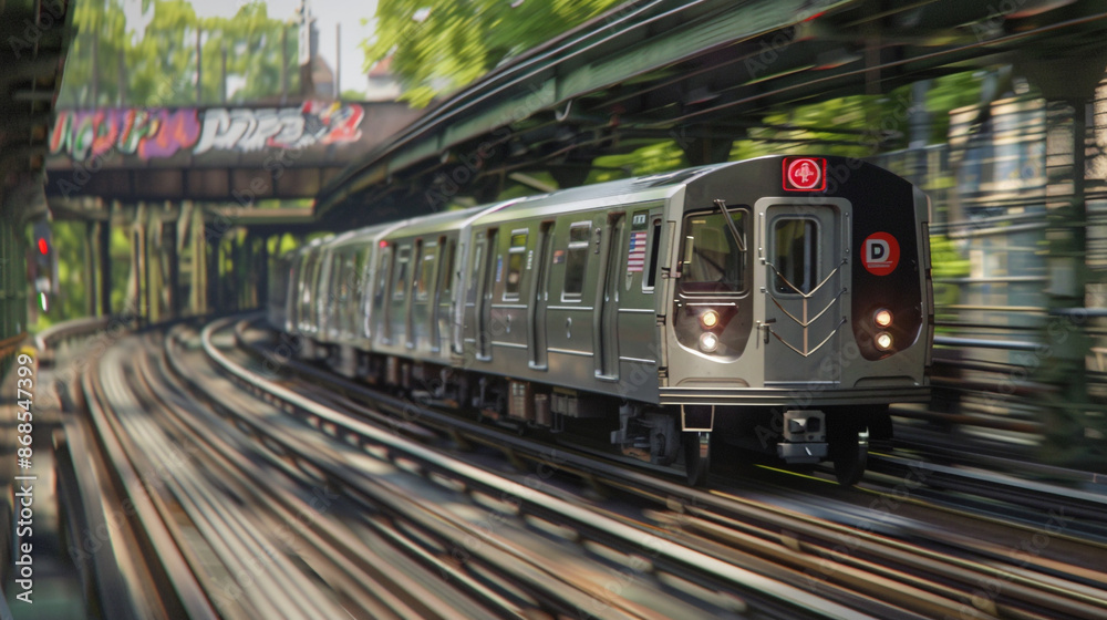 Fototapeta premium Blurred image of a metro speeding on its way to a destination in the city.