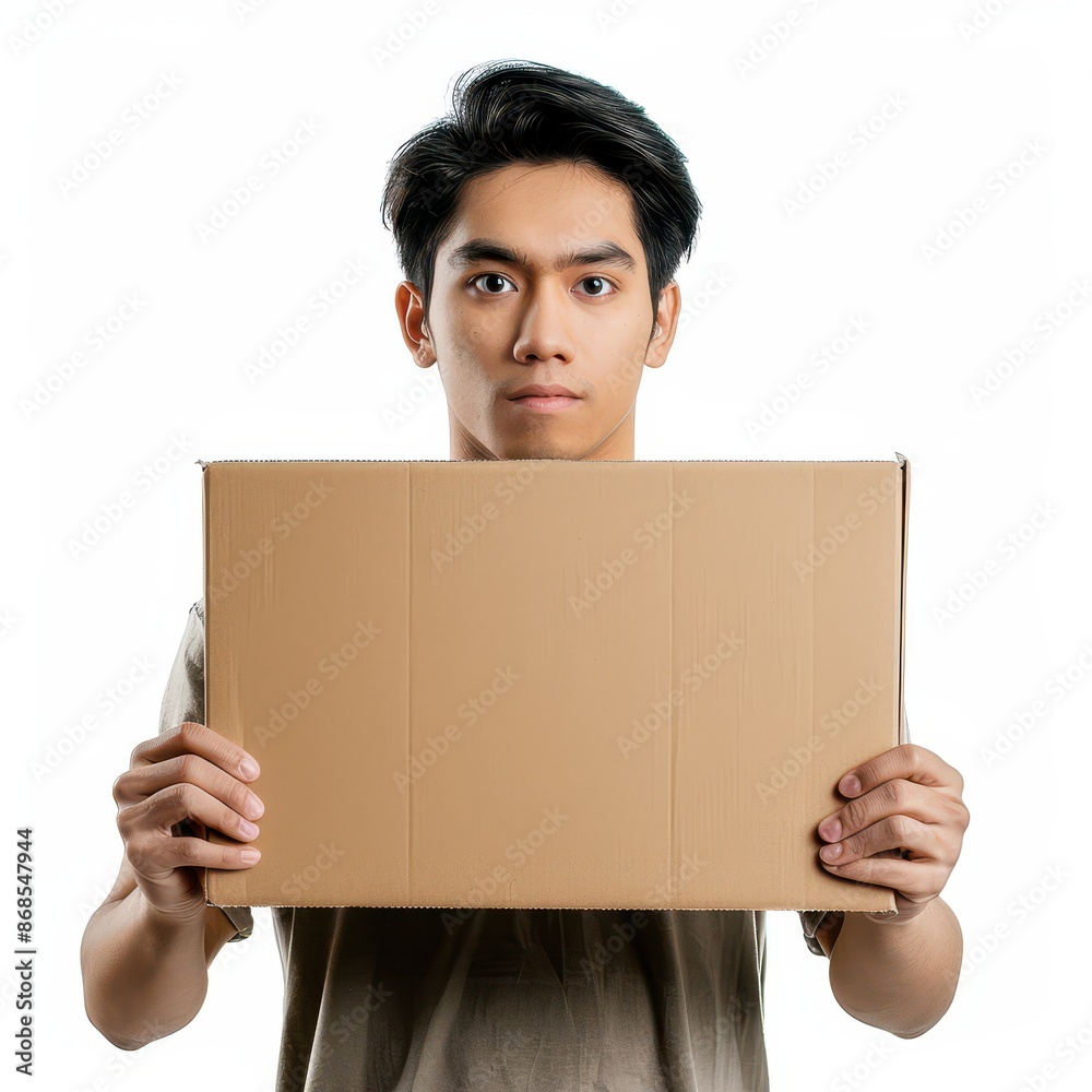 ppppp and hand holds a cardboard, standing isolated on white background, looking directly at the camera with an attentive expression ppppp and hand holds a cardboard, standing isolated on white background, looking directly at the camera with an attentive expression