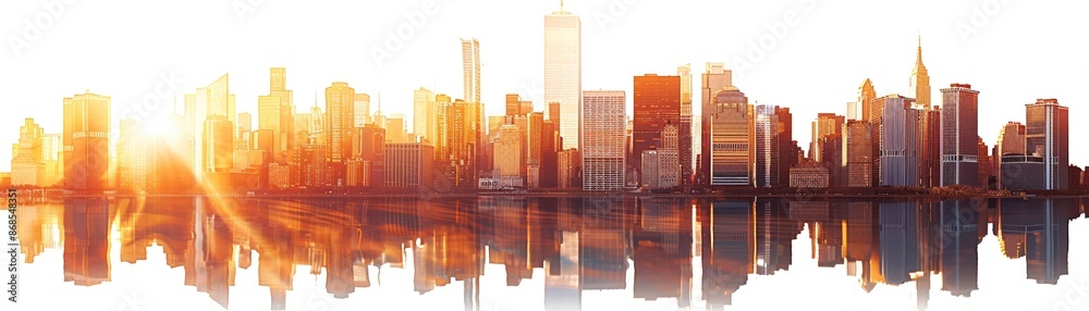 Fototapeta premium Modern skyscrapers reflecting sunset urban skyline