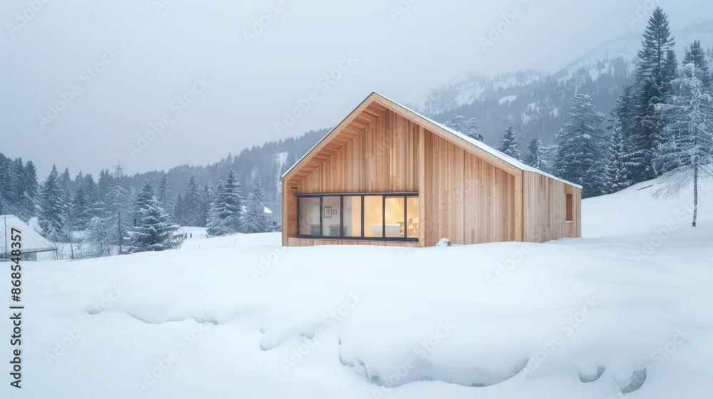 minimalist chalet with seamless wood paneling blending into a snowy landscape minimalist chalet with seamless wood paneling blending into a snowy landscape