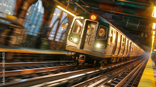 Blurred image of a metro speeding on its way to a destination in the city.