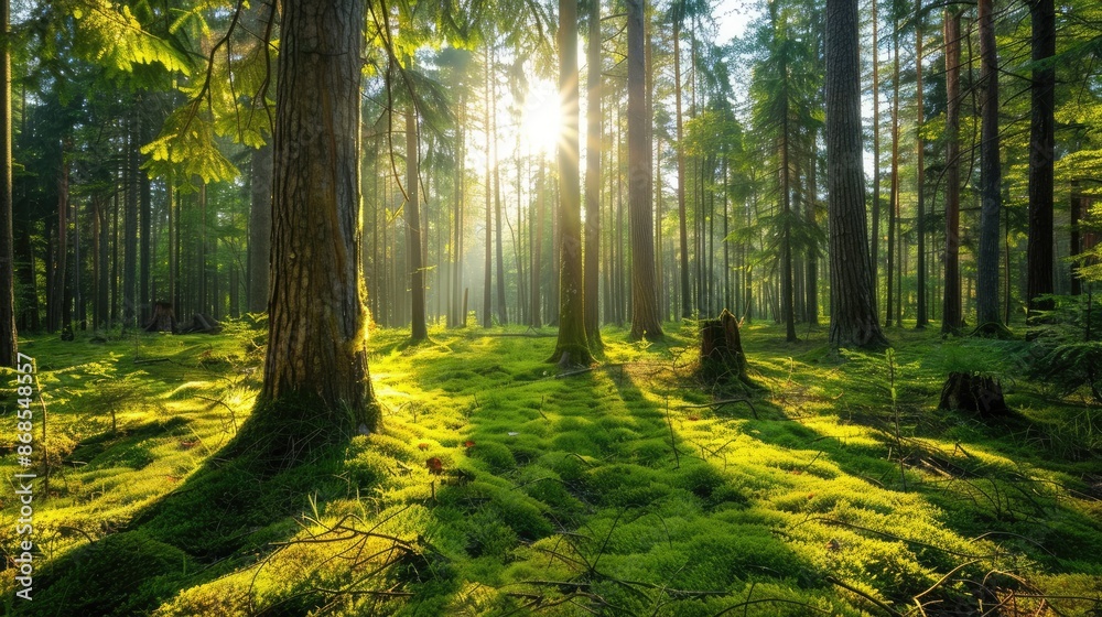 Fototapeta premium A serene forest with tall trees, a carpet of moss, and dappled sunlight