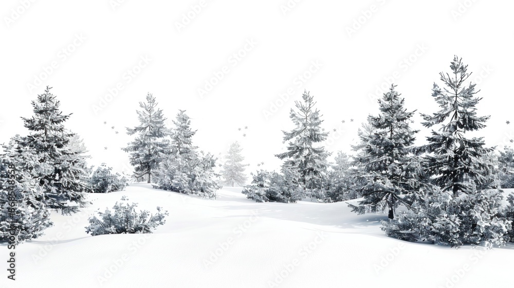 Fototapeta premium Snowy landscape with pine trees falling snowflakes