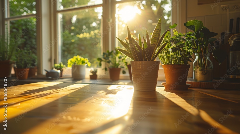 Sunlit potted plants on a kitchen table. Indoor gardening and home decor concept. Sunlit potted plants on a kitchen table. Indoor gardening and home decor concept.
